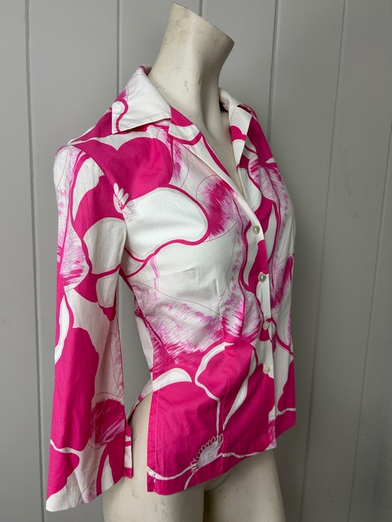 Trina Turk Pink White Floral Top Size S Made in USA Cotton Stretch Resort Chic - Picture 2 of 9